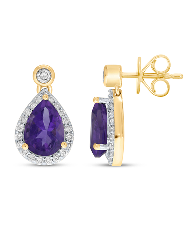 Jewelili Stud Earrings with Round Shape Amethyst in Yellow Gold